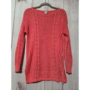 Chico's 0 Women Coral Pink Open Knit Crochet Sweater Size S Pointelle Pullover
